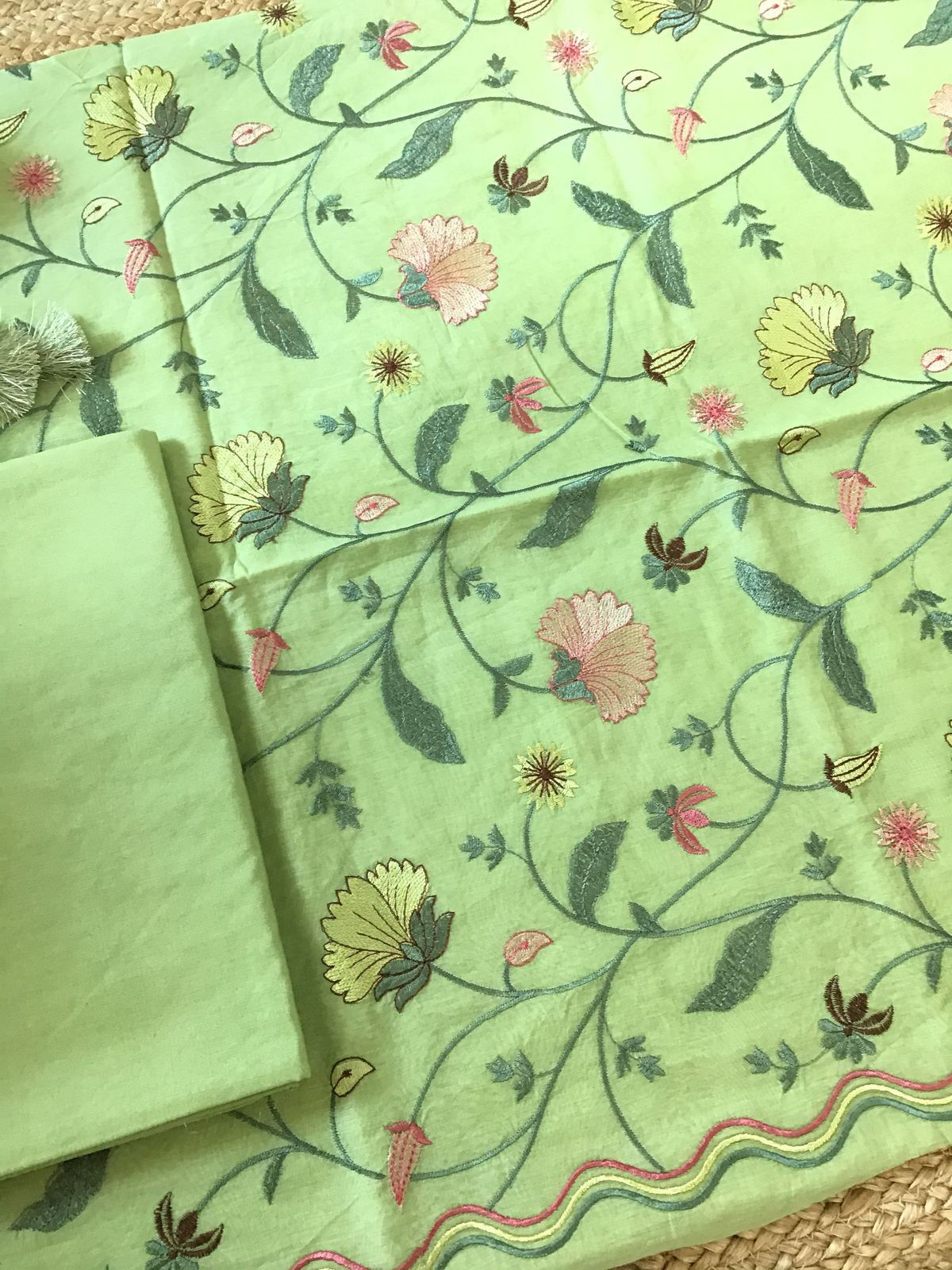 Pure Chanderi Embroidered Suit - Green