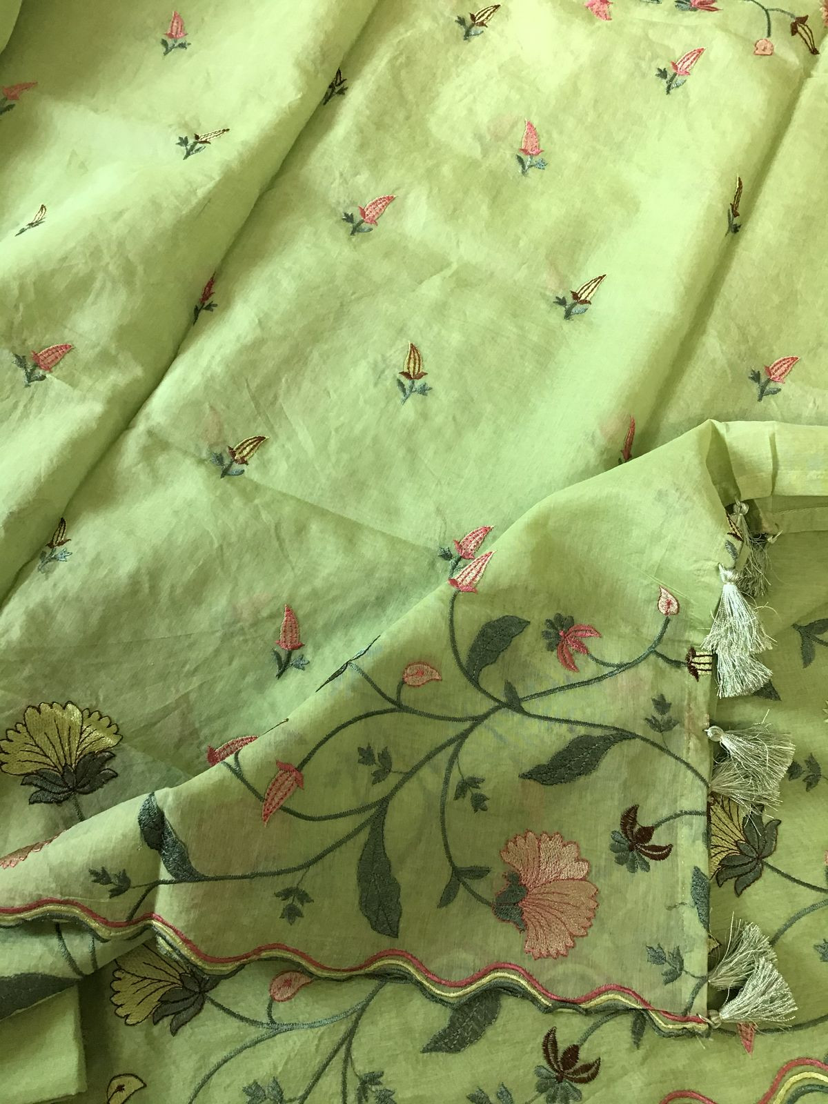 Pure Chanderi Embroidered Suit - Green