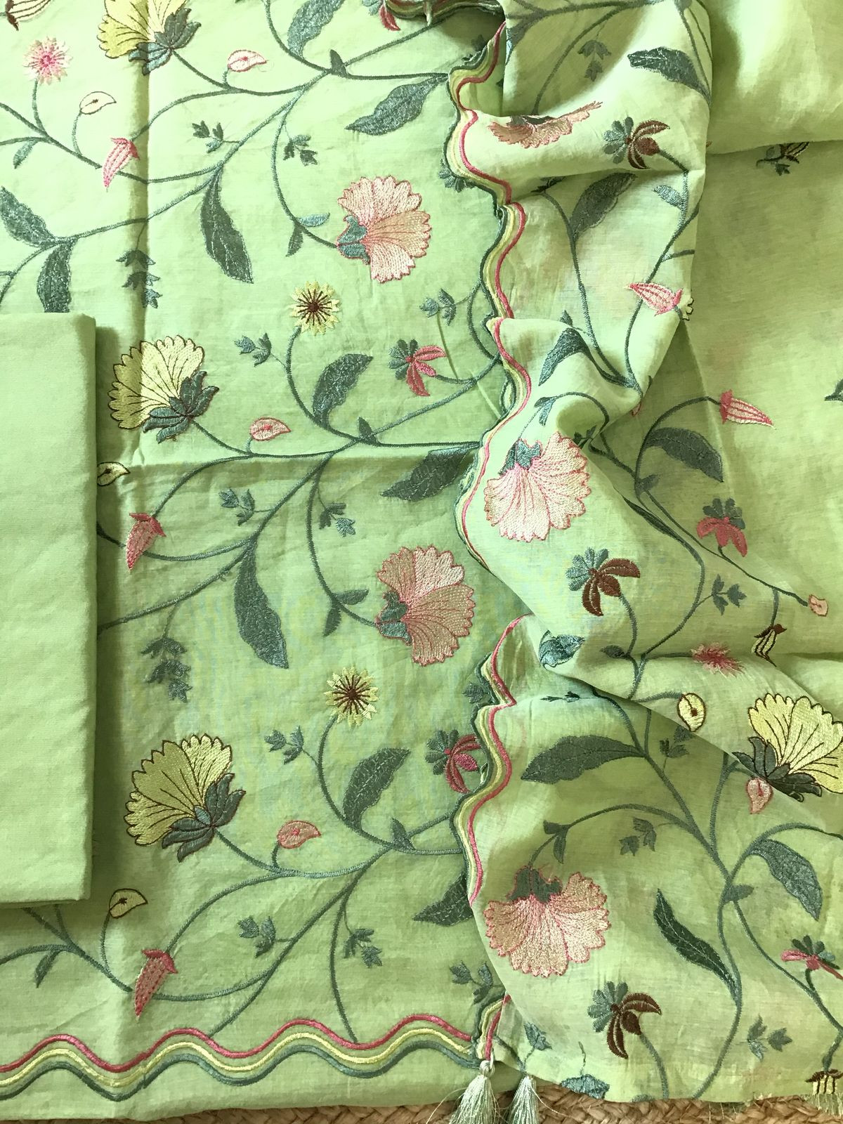 Pure Chanderi Embroidered Suit - Green