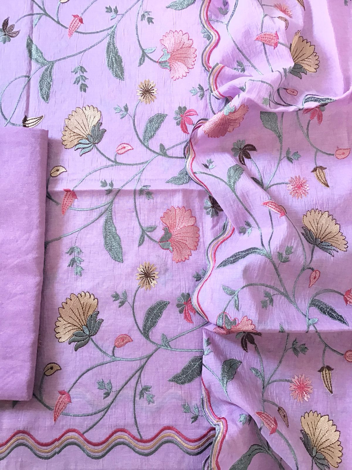 Pure Chanderi Embroidered Suit - Lavender