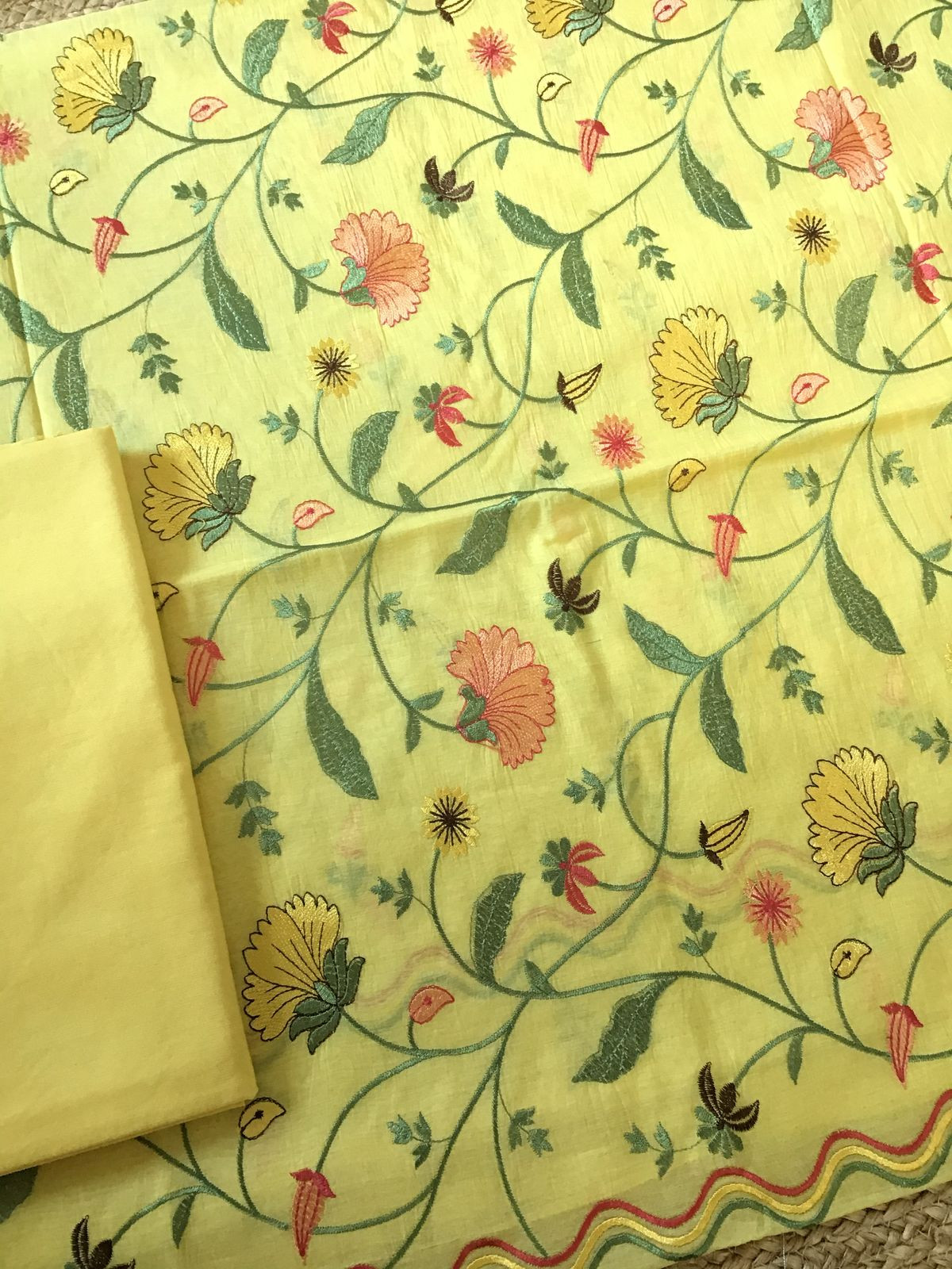 Pure Chanderi Embroidered Suit - Yellow