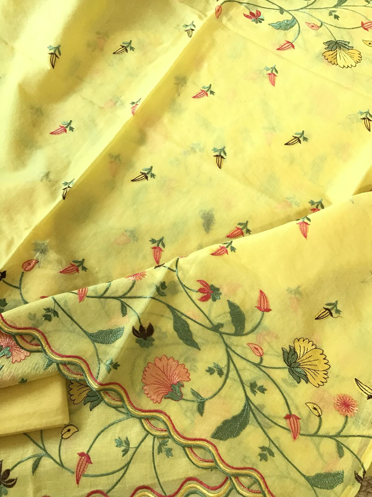 Pure Chanderi Embroidered Suit - Yellow