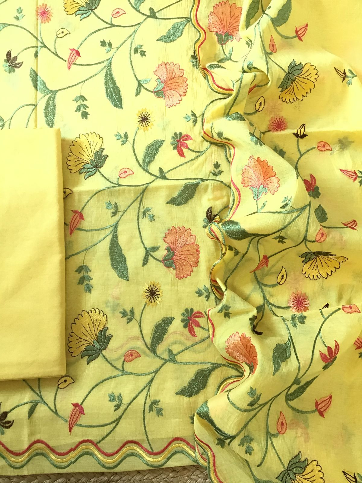 Pure Chanderi Embroidered Suit - Yellow