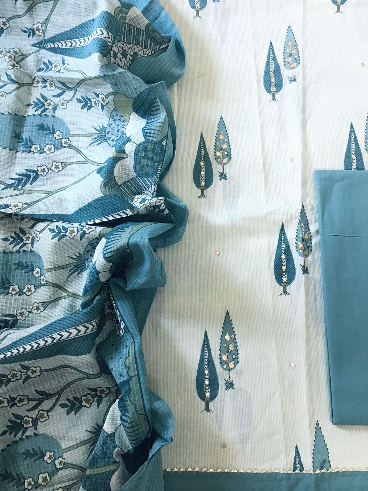 Pure Cotton Printed Embroidered Suit - Blue