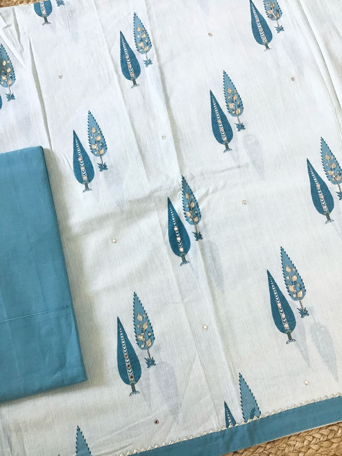 Pure Cotton Printed Embroidered Suit - Blue