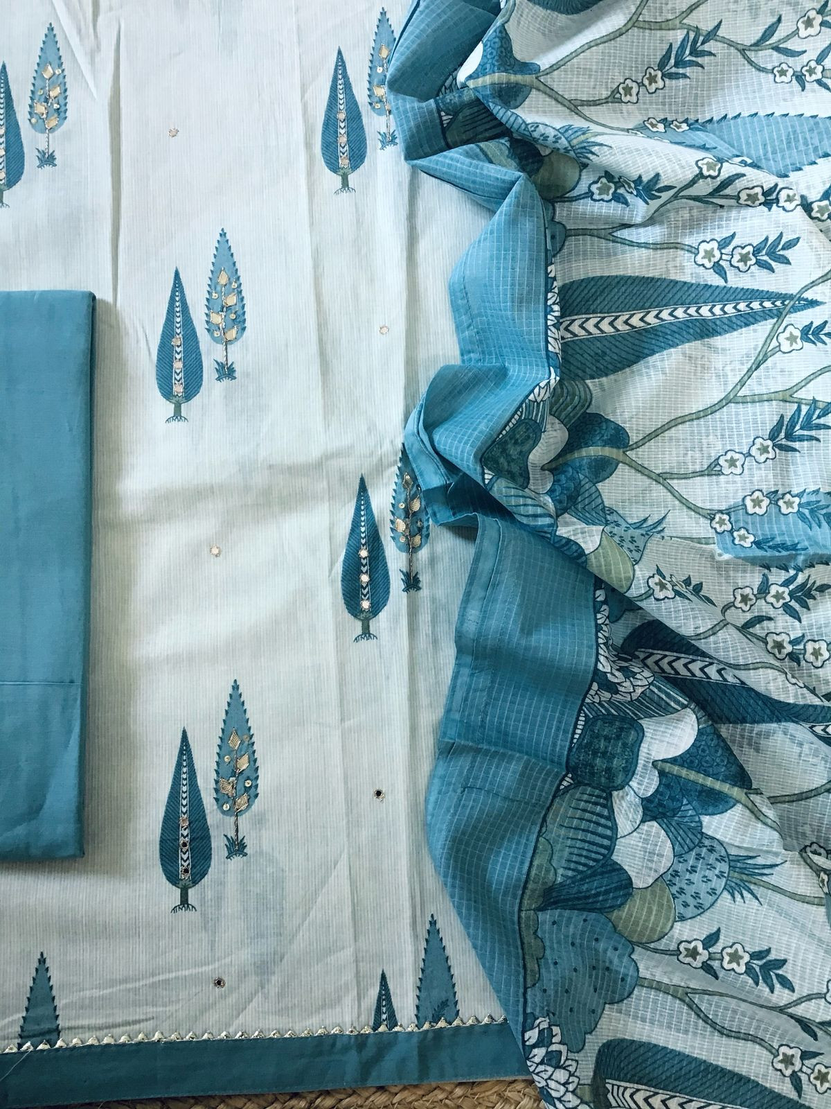 Pure Cotton Printed Embroidered Suit - Blue