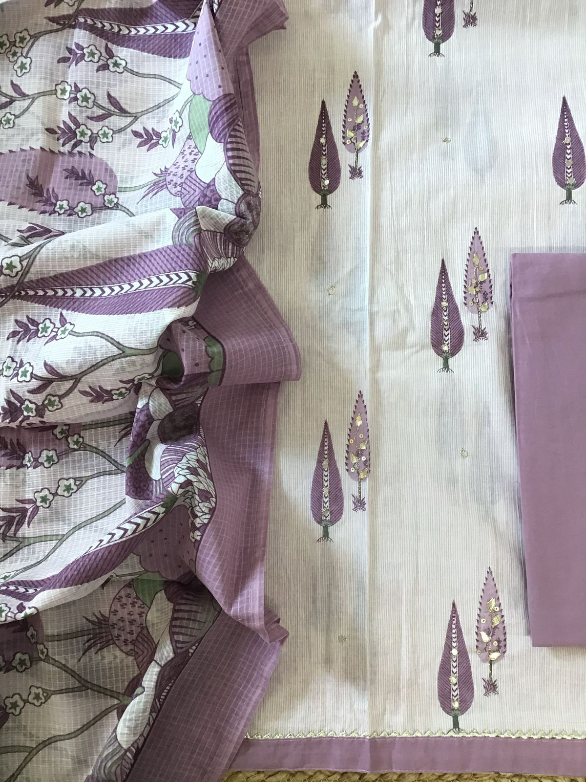Pure Cotton Printed Embroidered Suit - Lavender