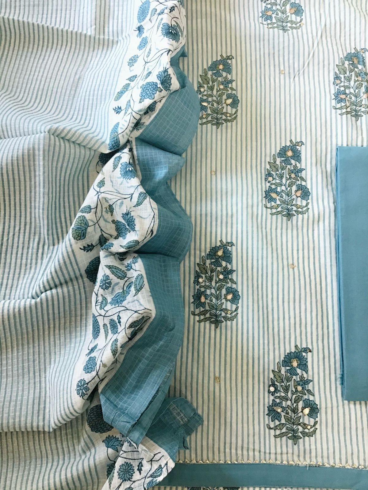 Pure Cotton Printed Embroidered Suit - Blue