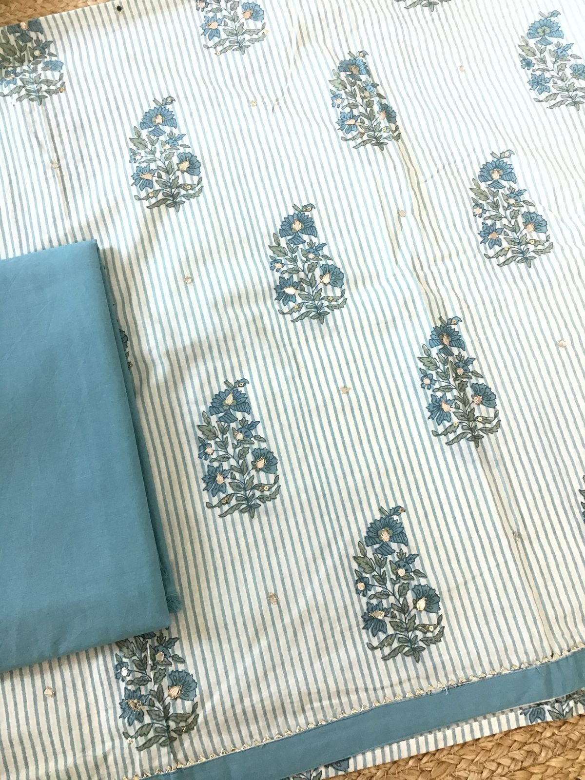 Pure Cotton Printed Embroidered Suit - Blue