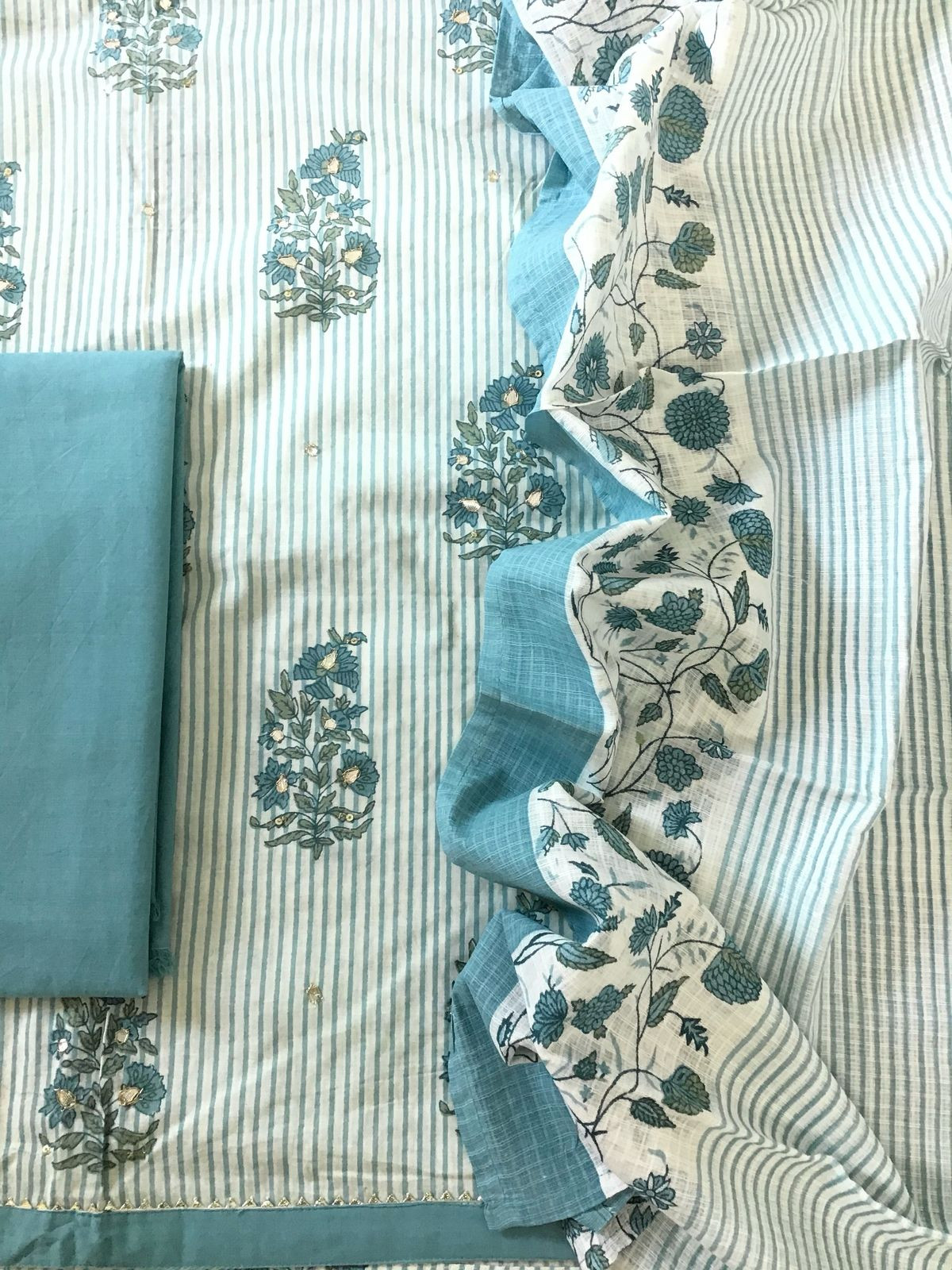 Pure Cotton Printed Embroidered Suit - Blue