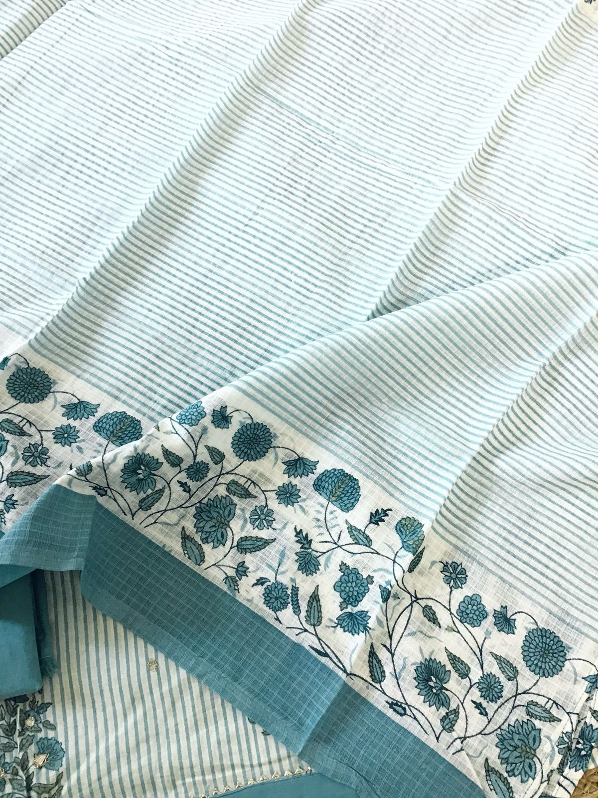 Pure Cotton Printed Embroidered Suit - Blue