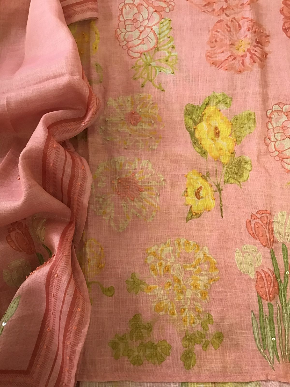 Soft Tissue Slub Cotton Printed Embroidered Suit - Peach