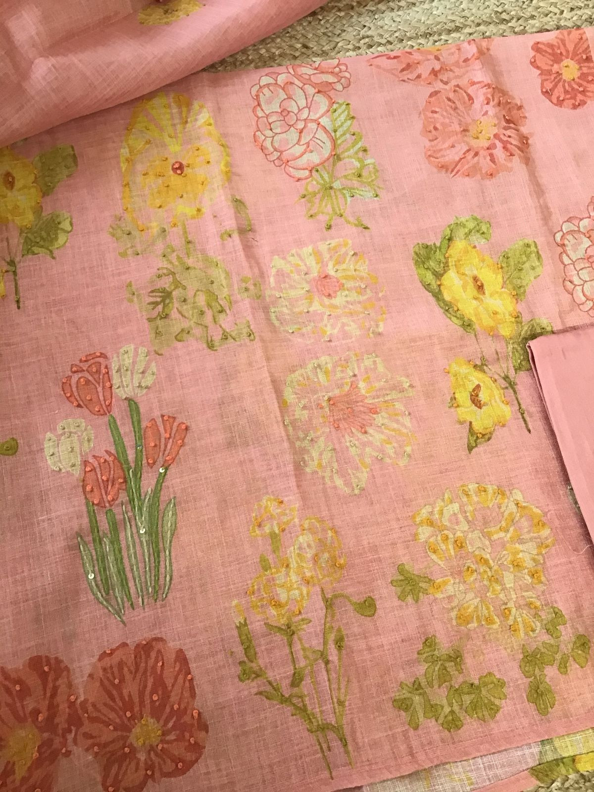 Soft Tissue Slub Cotton Printed Embroidered Suit - Peach