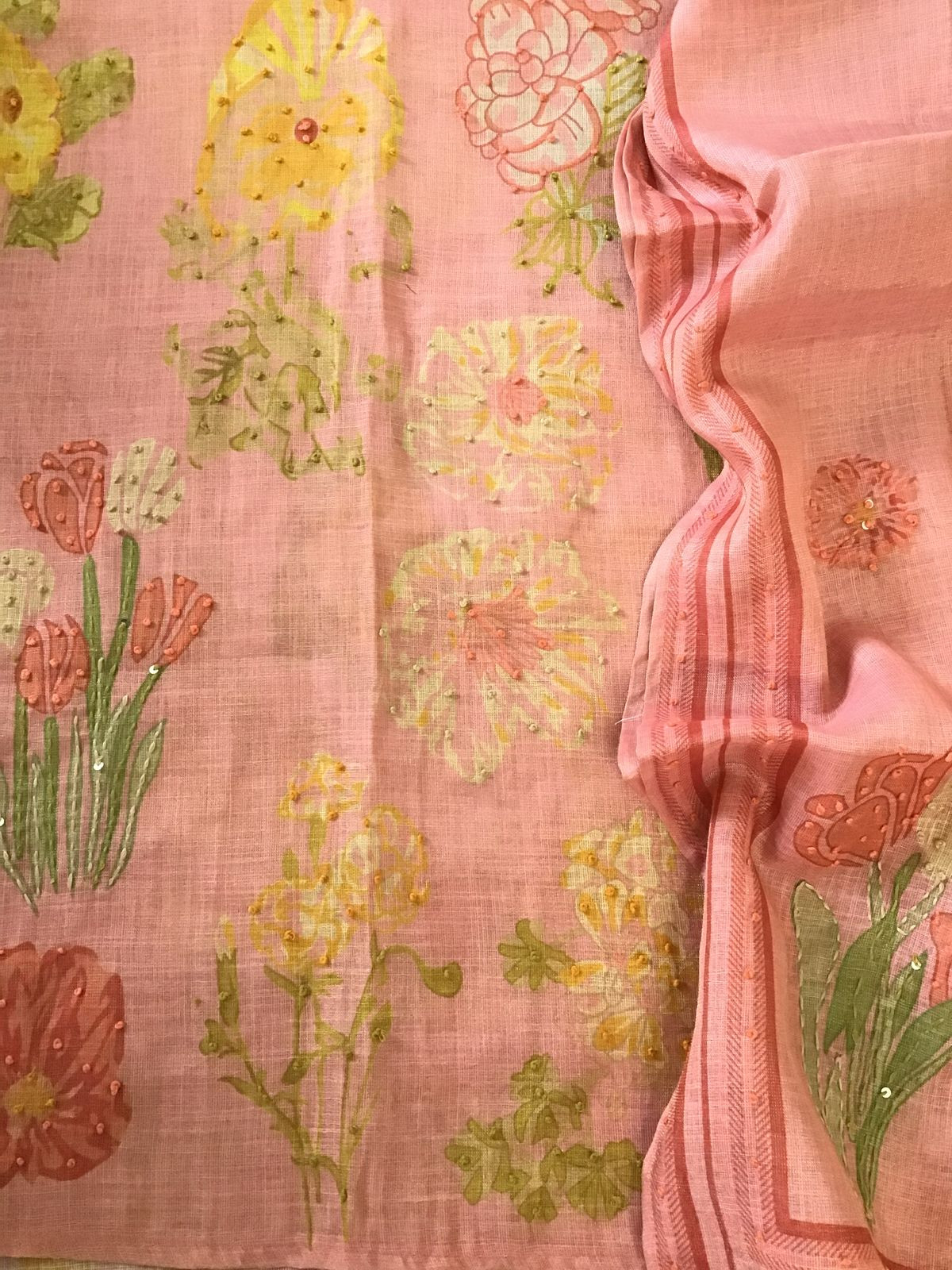 Soft Tissue Slub Cotton Printed Embroidered Suit - Peach