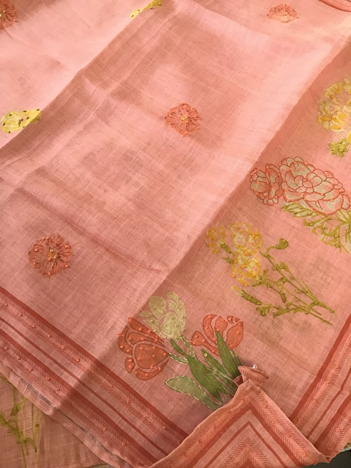 Soft Tissue Slub Cotton Printed Embroidered Suit - Peach