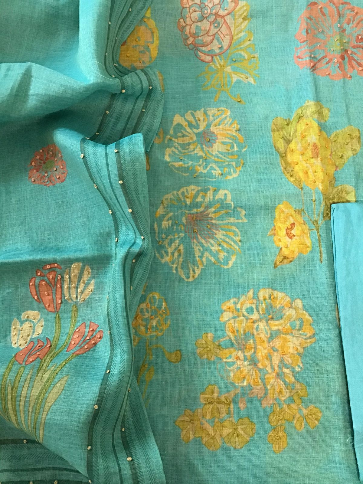 Soft Tissue Slub Cotton Printed Embroidered Suit - Blue