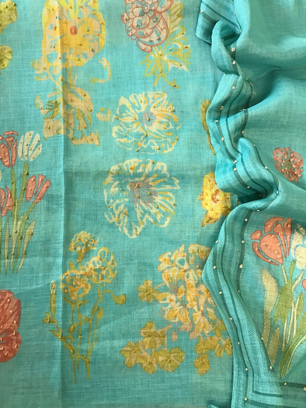 Soft Tissue Slub Cotton Printed Embroidered Suit - Blue