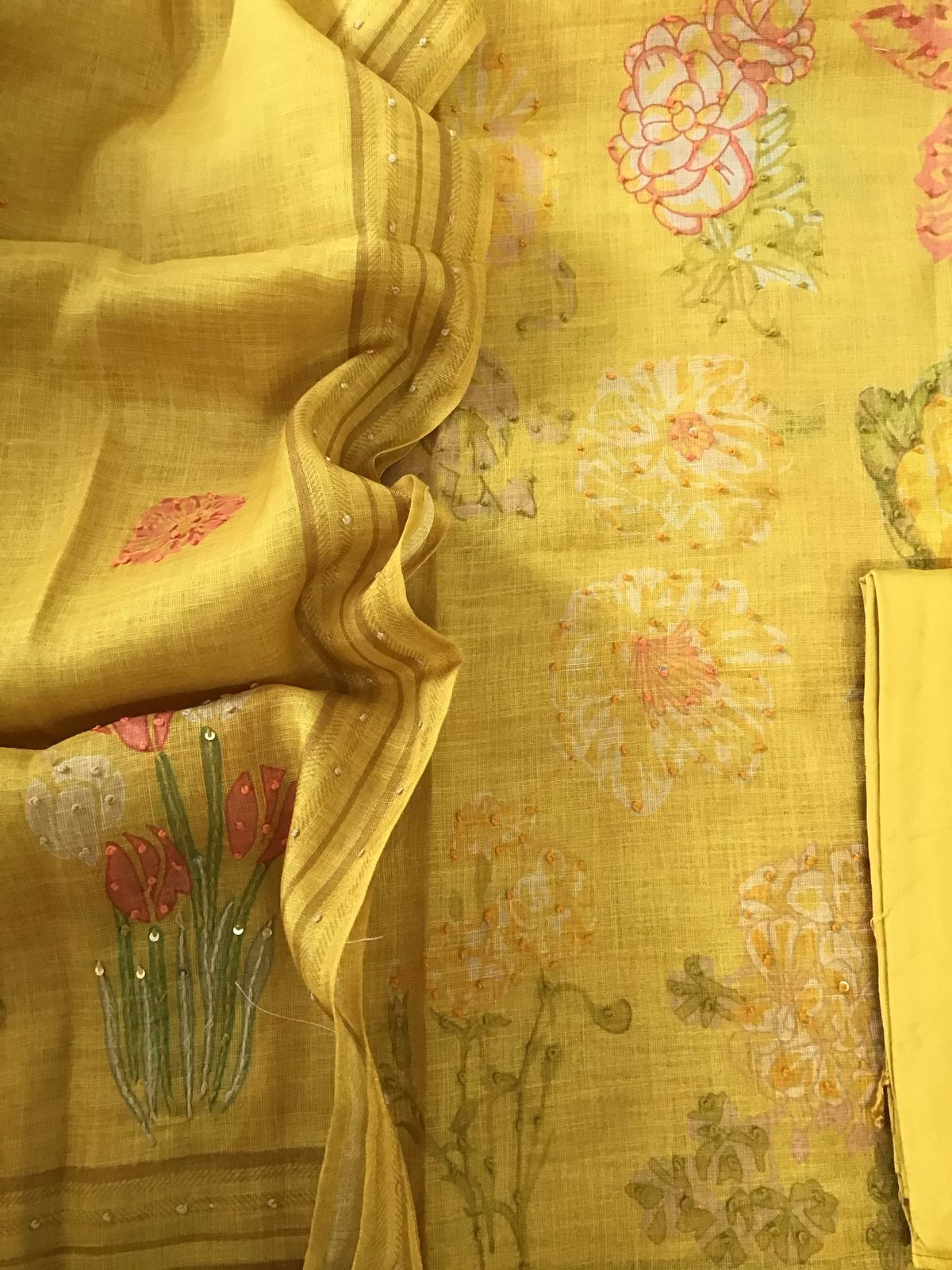 Soft Tissue Slub Cotton Printed Embroidered Suit - Yellow