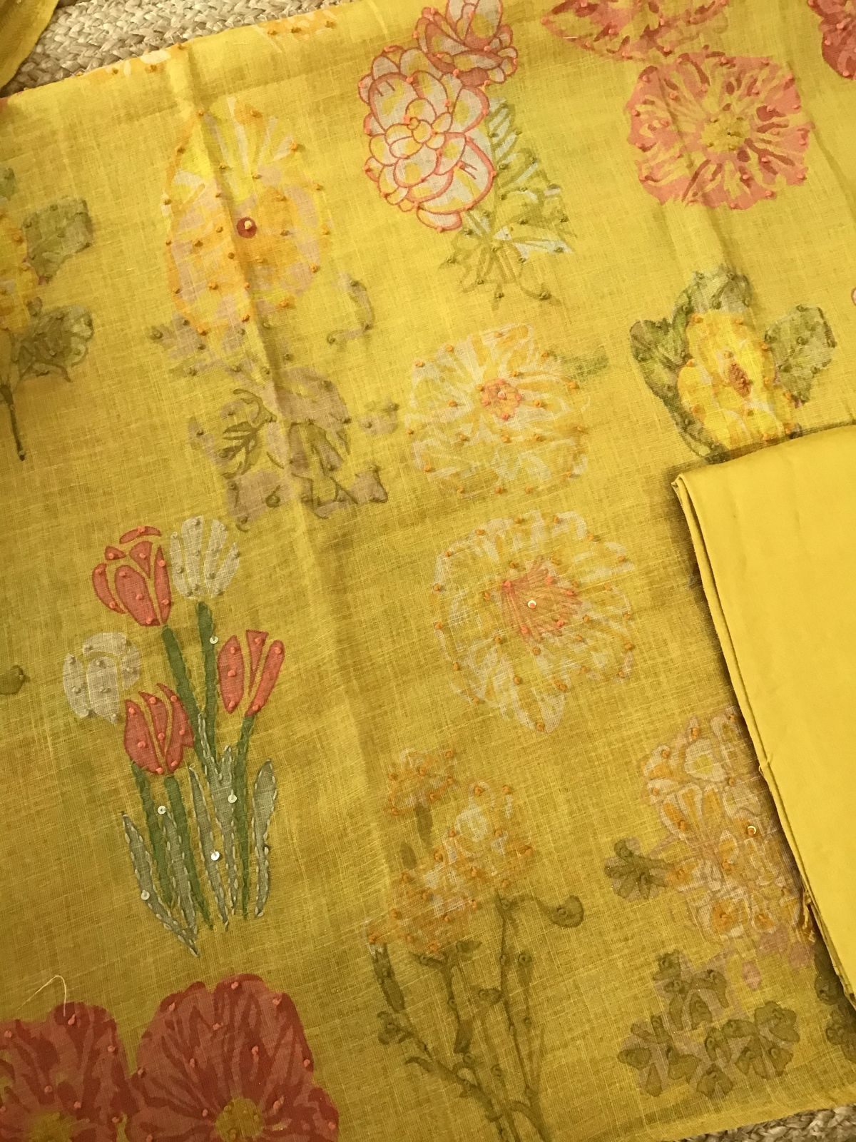 Soft Tissue Slub Cotton Printed Embroidered Suit - Yellow