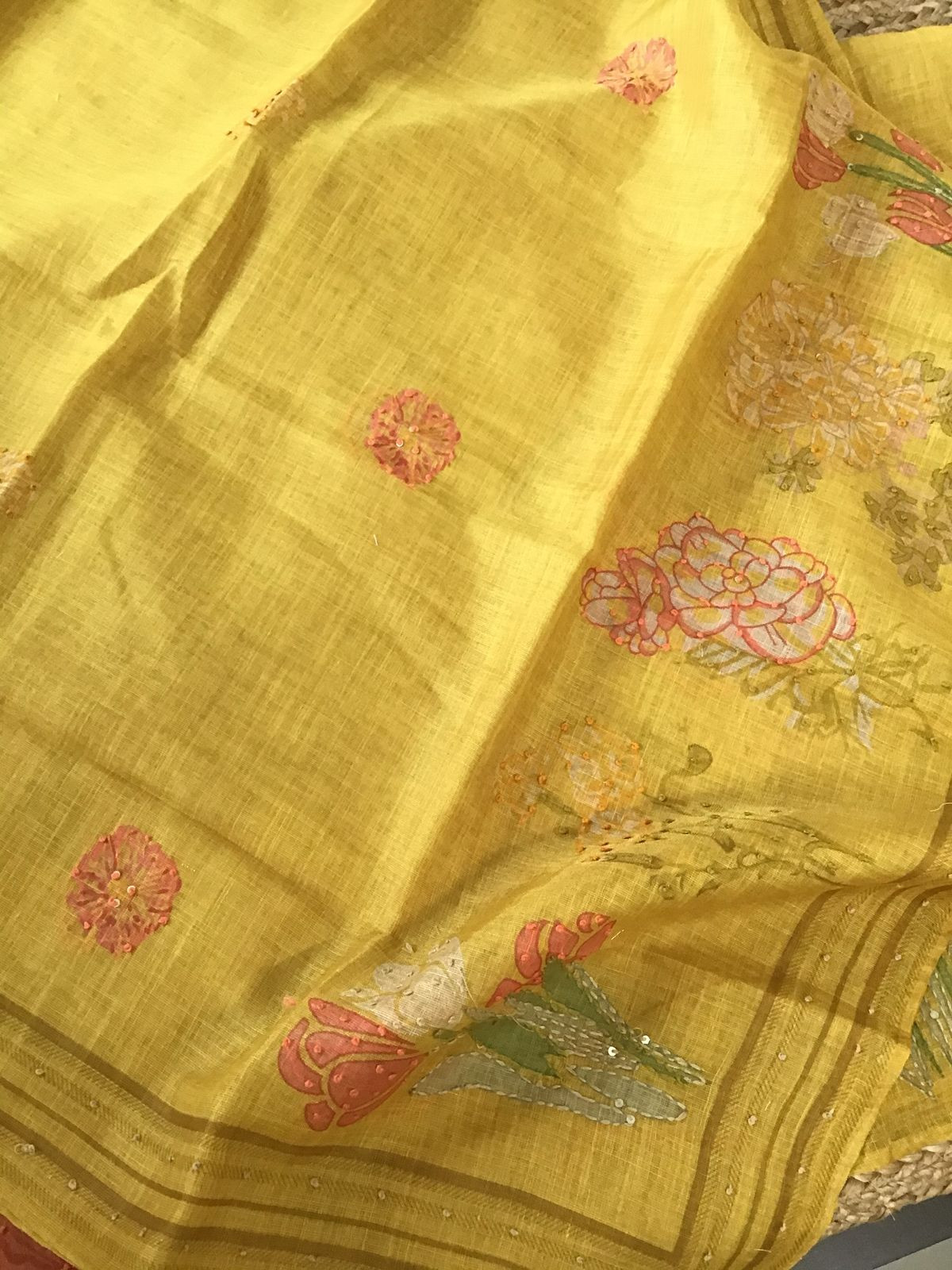 Soft Tissue Slub Cotton Printed Embroidered Suit - Yellow