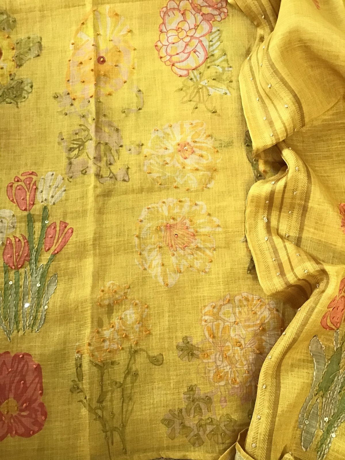 Soft Tissue Slub Cotton Printed Embroidered Suit - Yellow