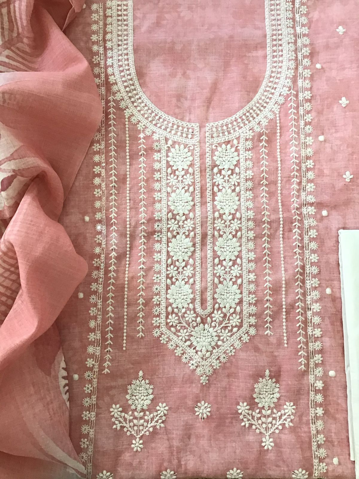 Soft Linen Jute Cotton Printed Embroidered Suit - Peach
