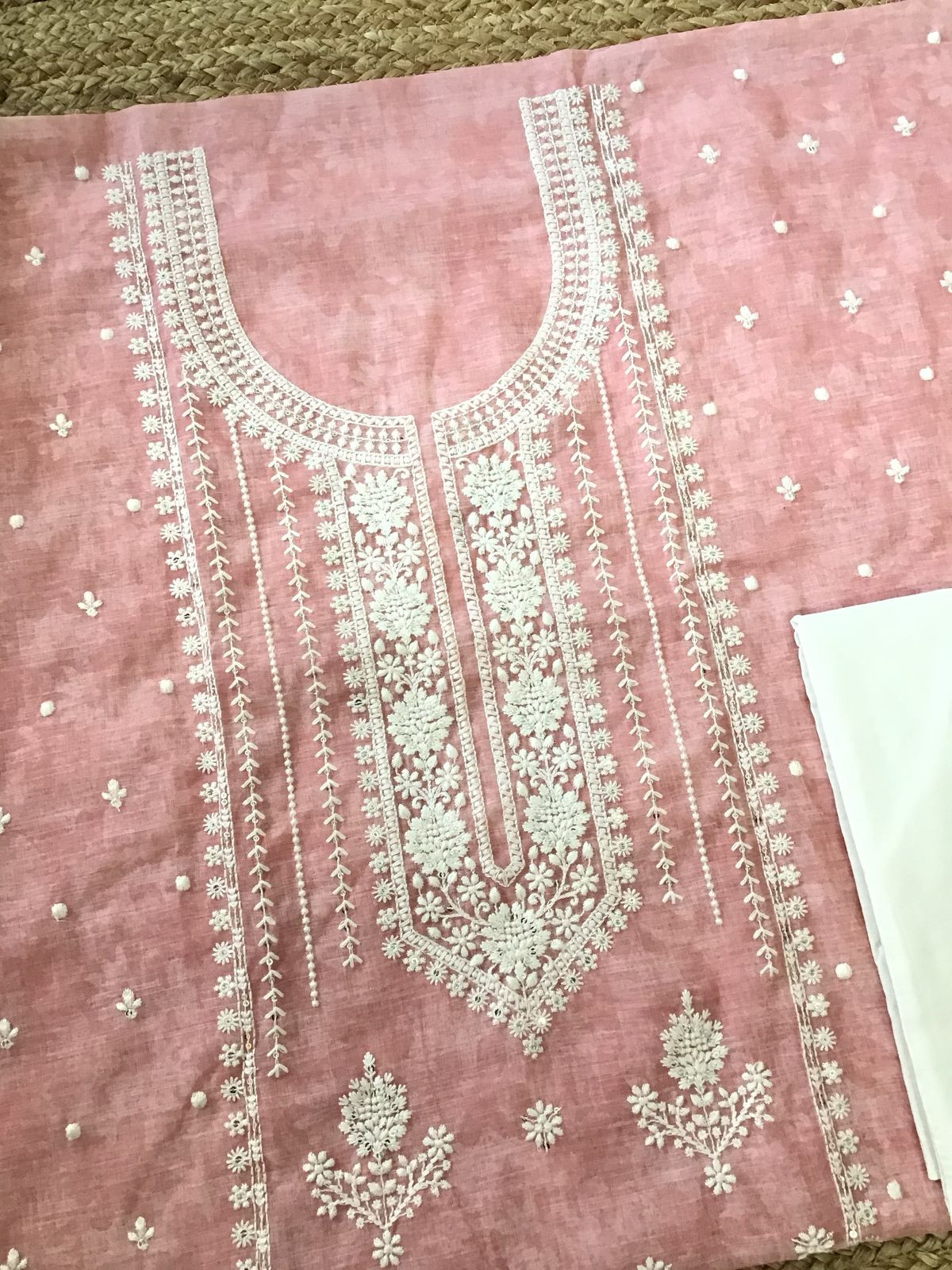 Soft Linen Jute Cotton Printed Embroidered Suit - Peach