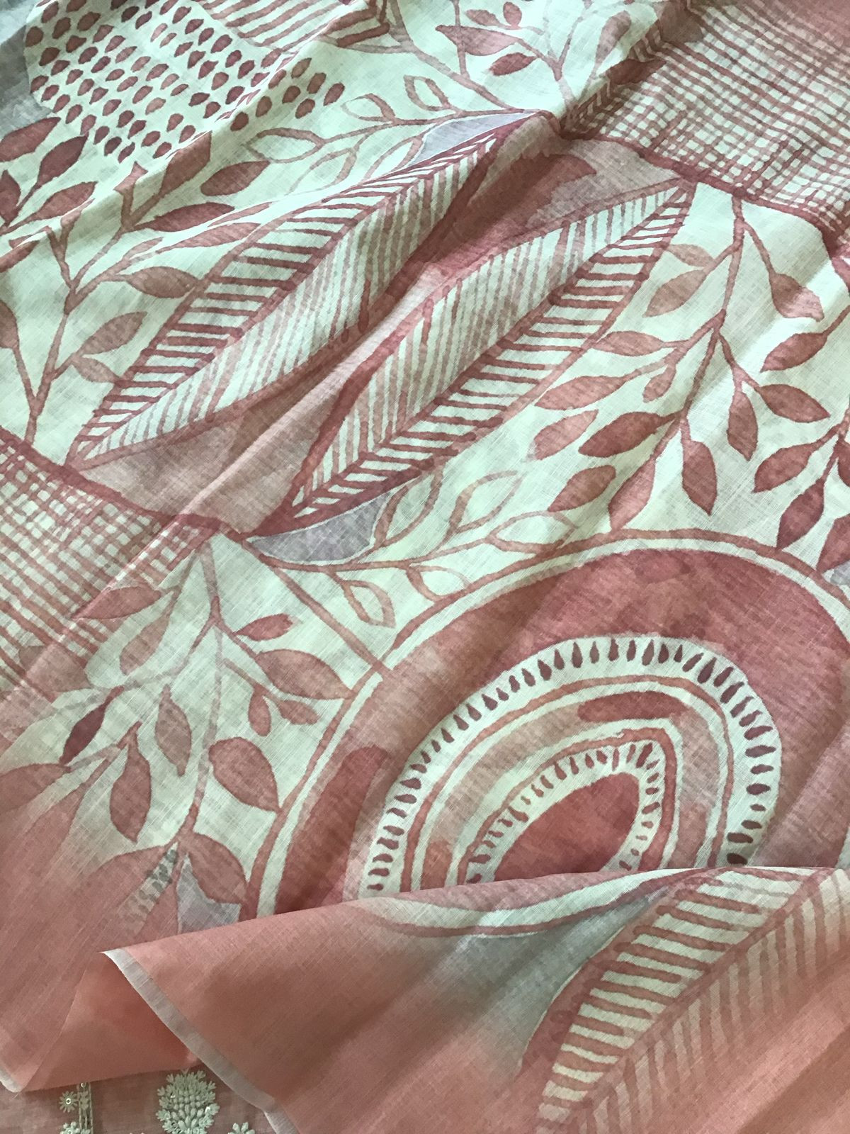 Soft Linen Jute Cotton Printed Embroidered Suit - Peach