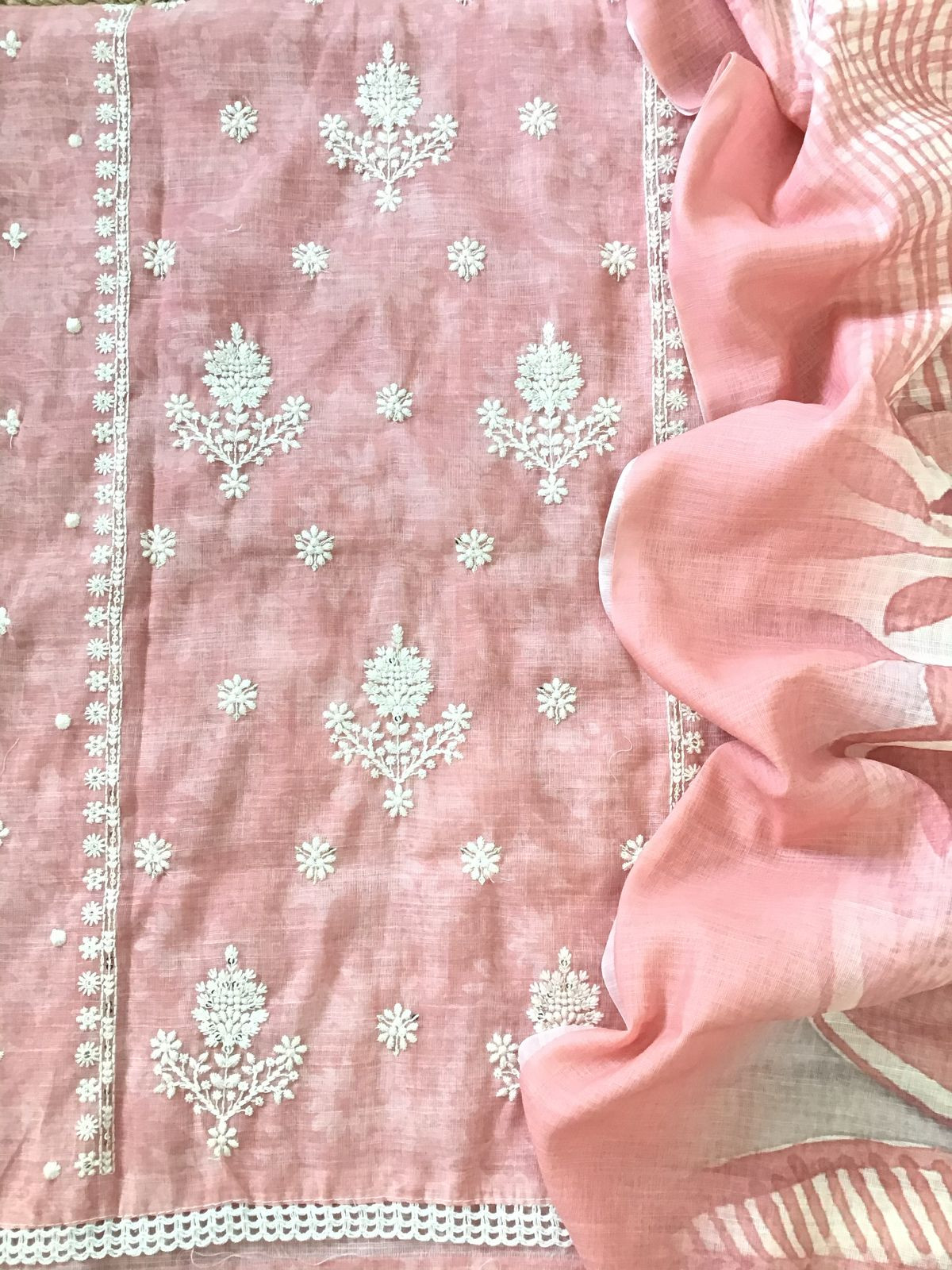 Soft Linen Jute Cotton Printed Embroidered Suit - Peach