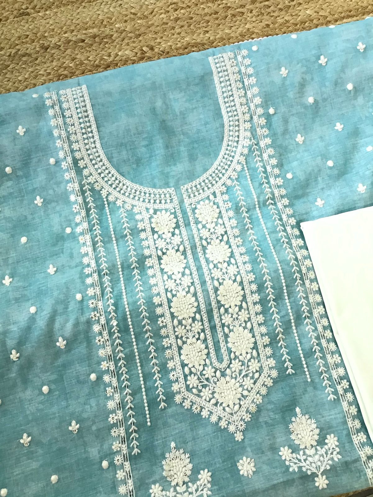 Soft Linen Jute Cotton Printed Embroidered Suit - Blue