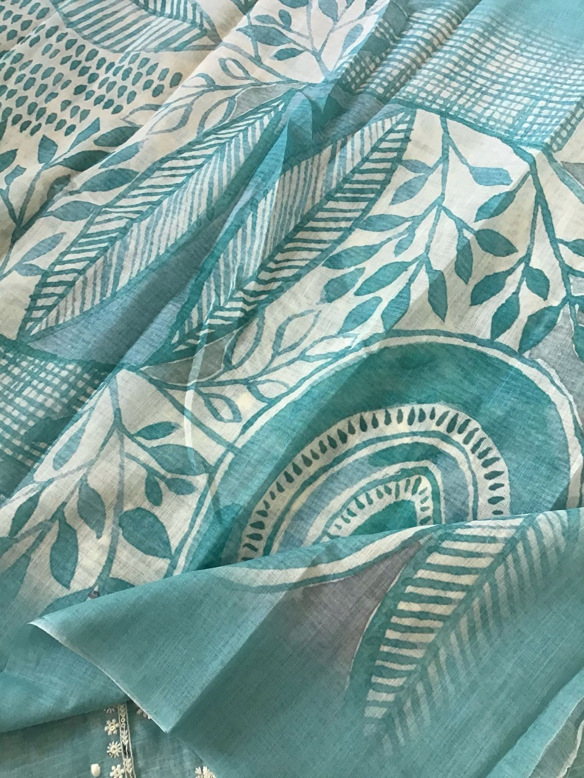 Soft Linen Jute Cotton Printed Embroidered Suit - Blue