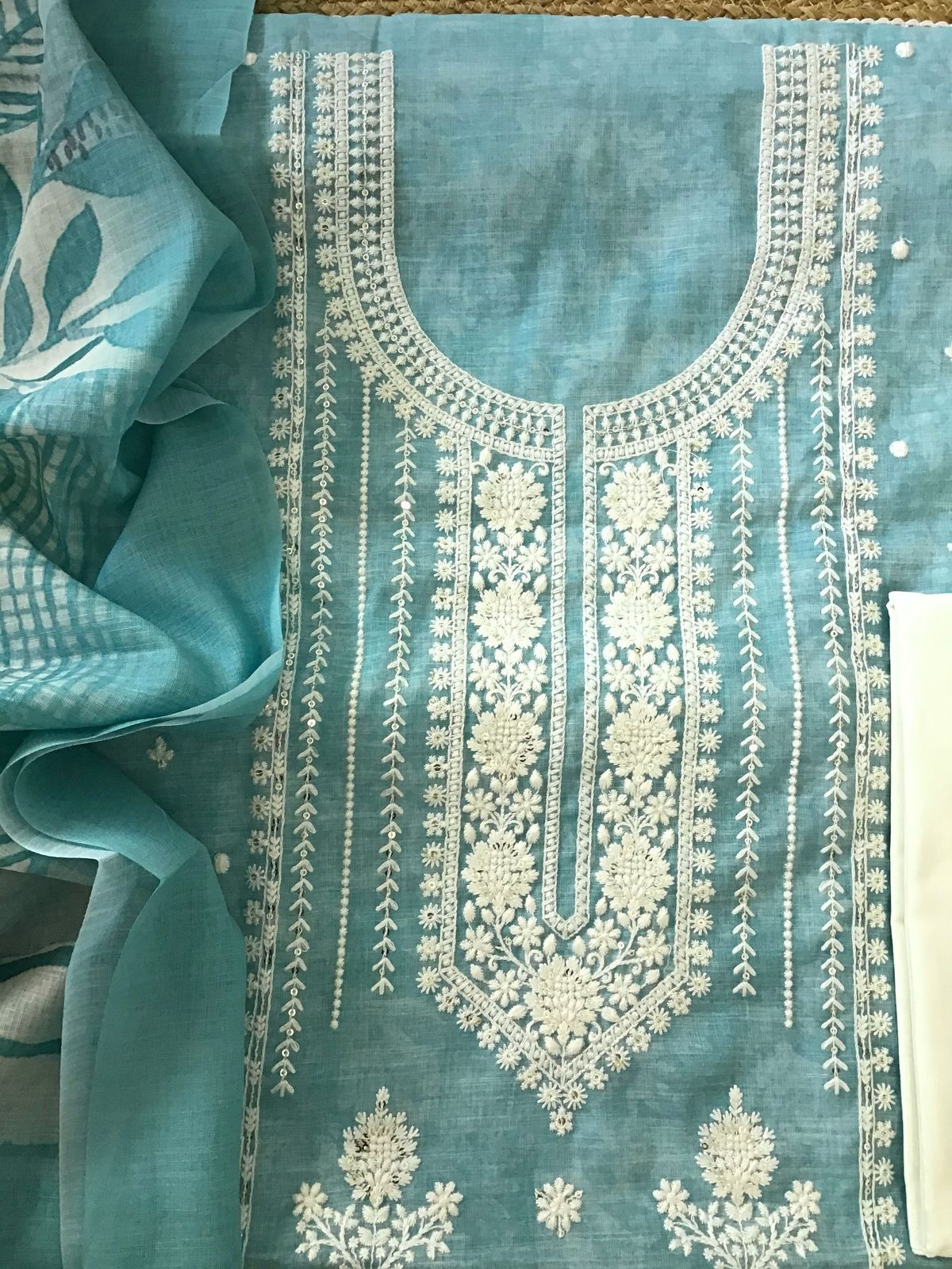 Soft Linen Jute Cotton Printed Embroidered Suit - Blue