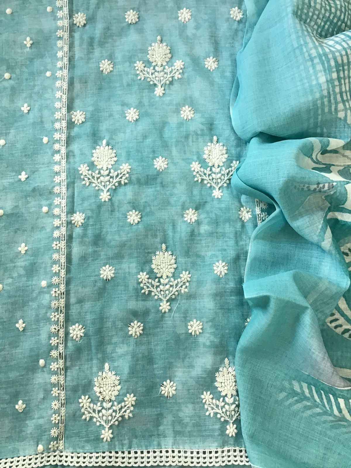 Soft Linen Jute Cotton Printed Embroidered Suit - Blue