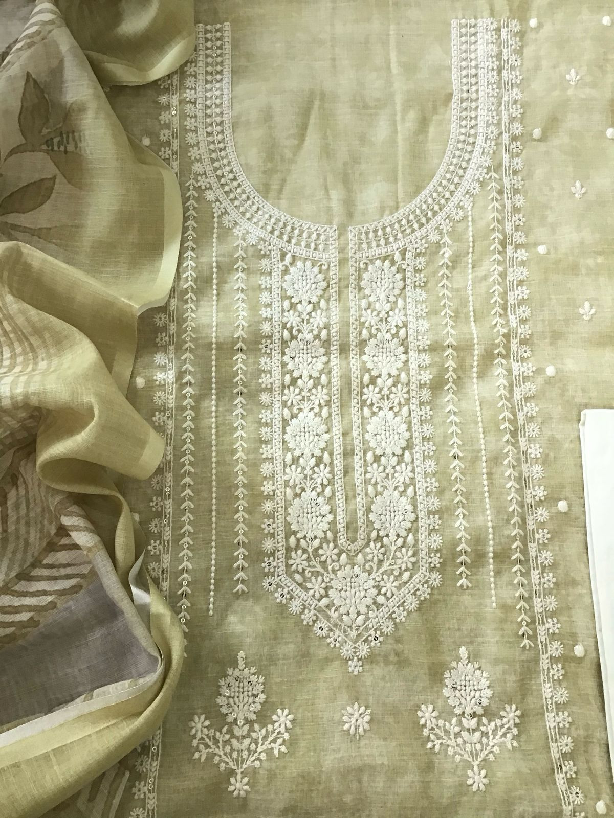 Soft Linen Jute Cotton Printed Embroidered Suit - Greenish Yellow