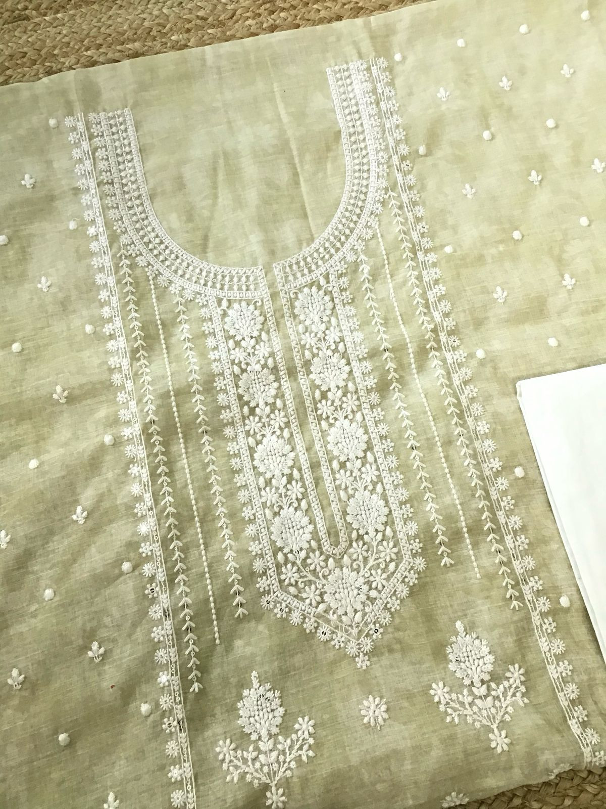 Soft Linen Jute Cotton Printed Embroidered Suit - Greenish Yellow