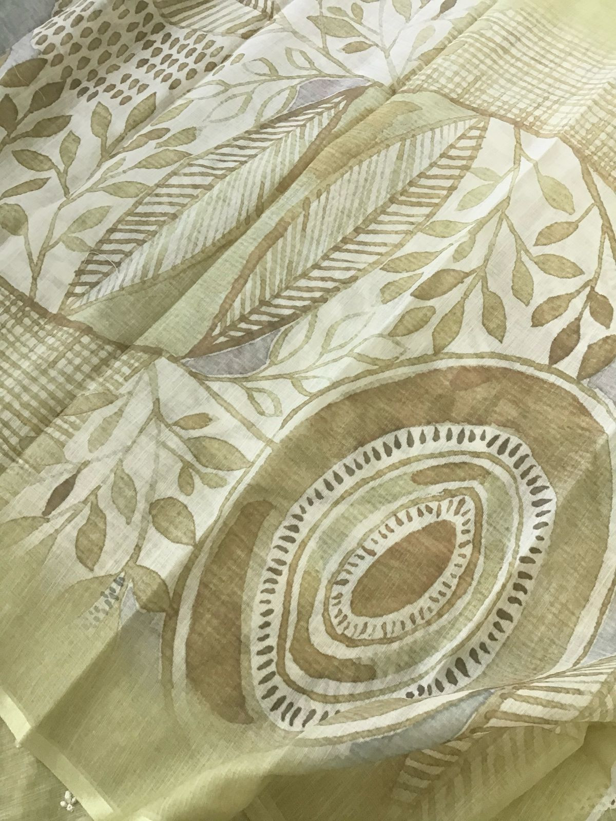 Soft Linen Jute Cotton Printed Embroidered Suit - Greenish Yellow