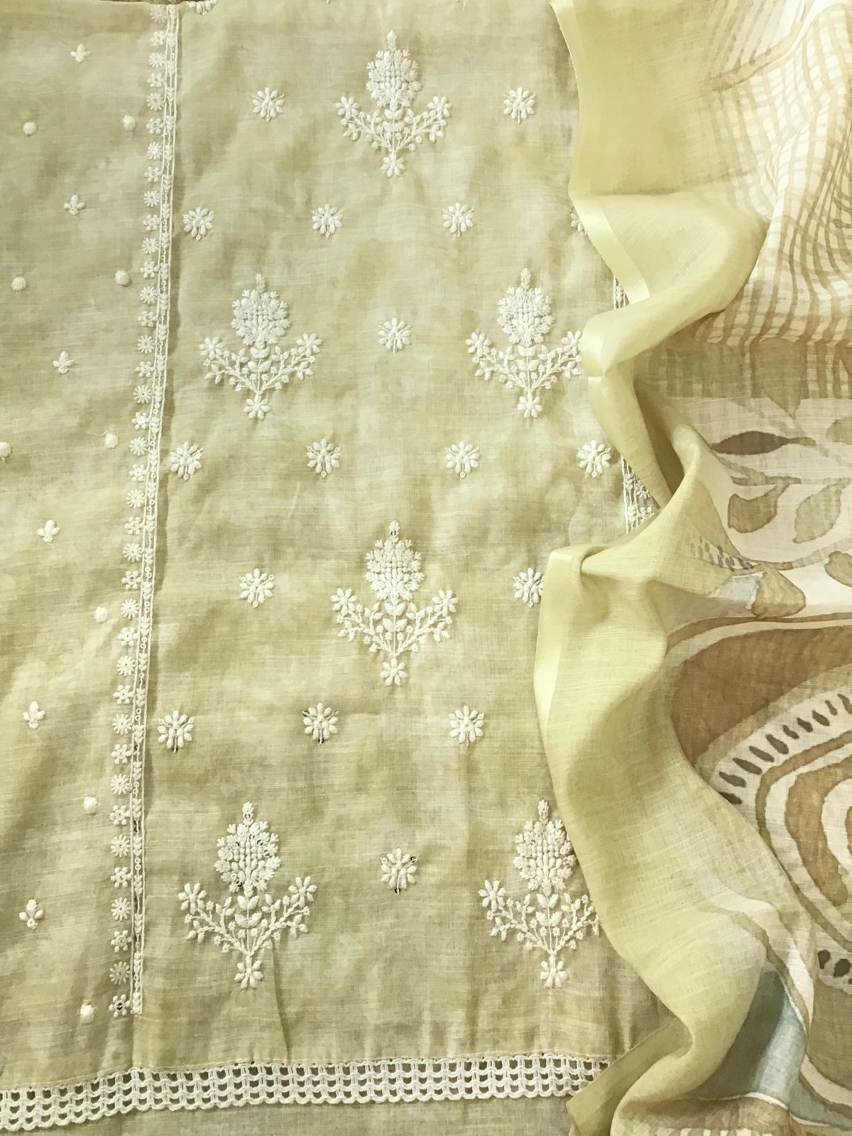 Soft Linen Jute Cotton Printed Embroidered Suit - Greenish Yellow