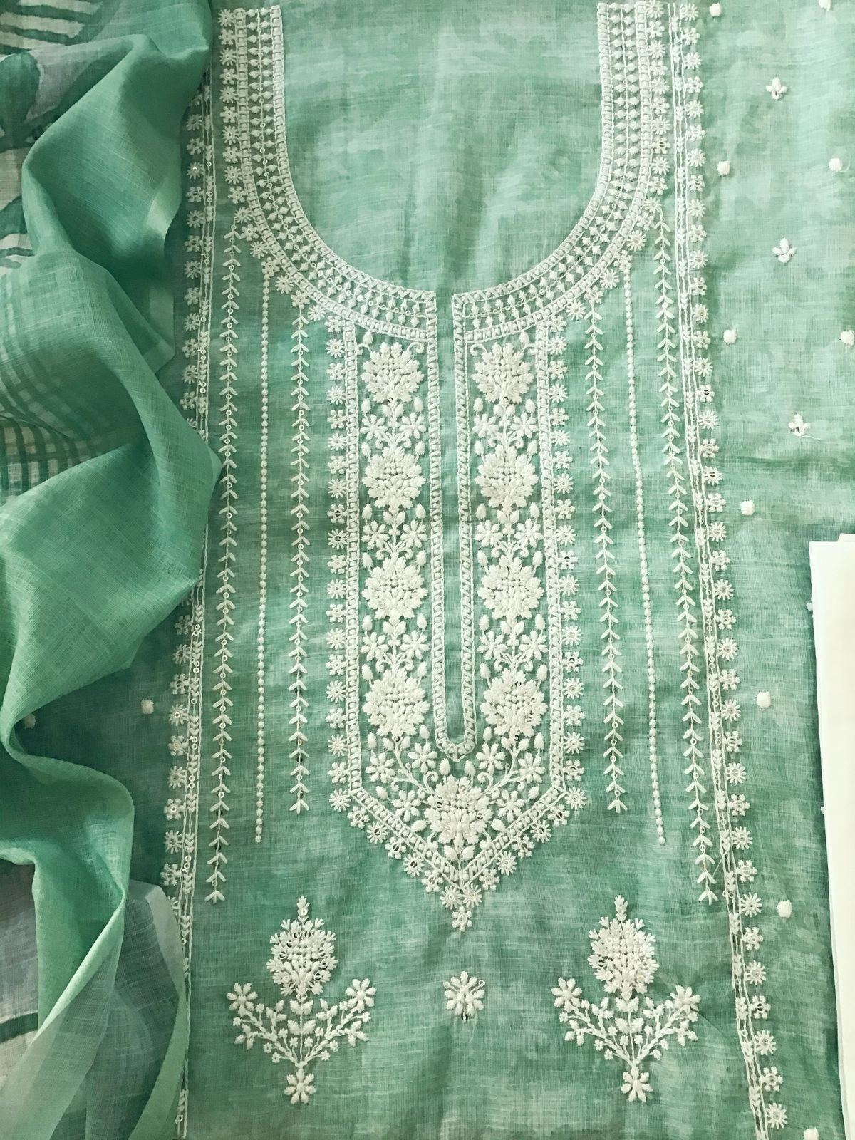 Soft Linen Jute Cotton Printed Embroidered Suit - Green