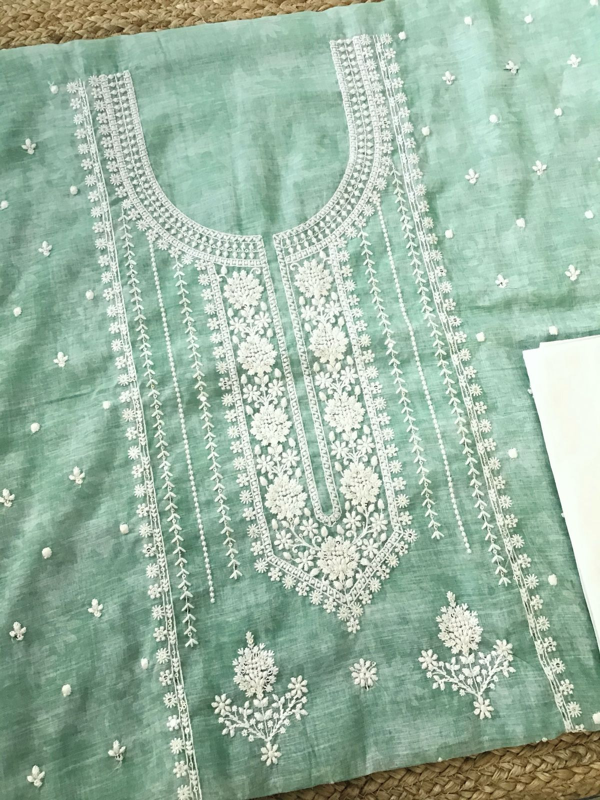 Soft Linen Jute Cotton Printed Embroidered Suit - Green