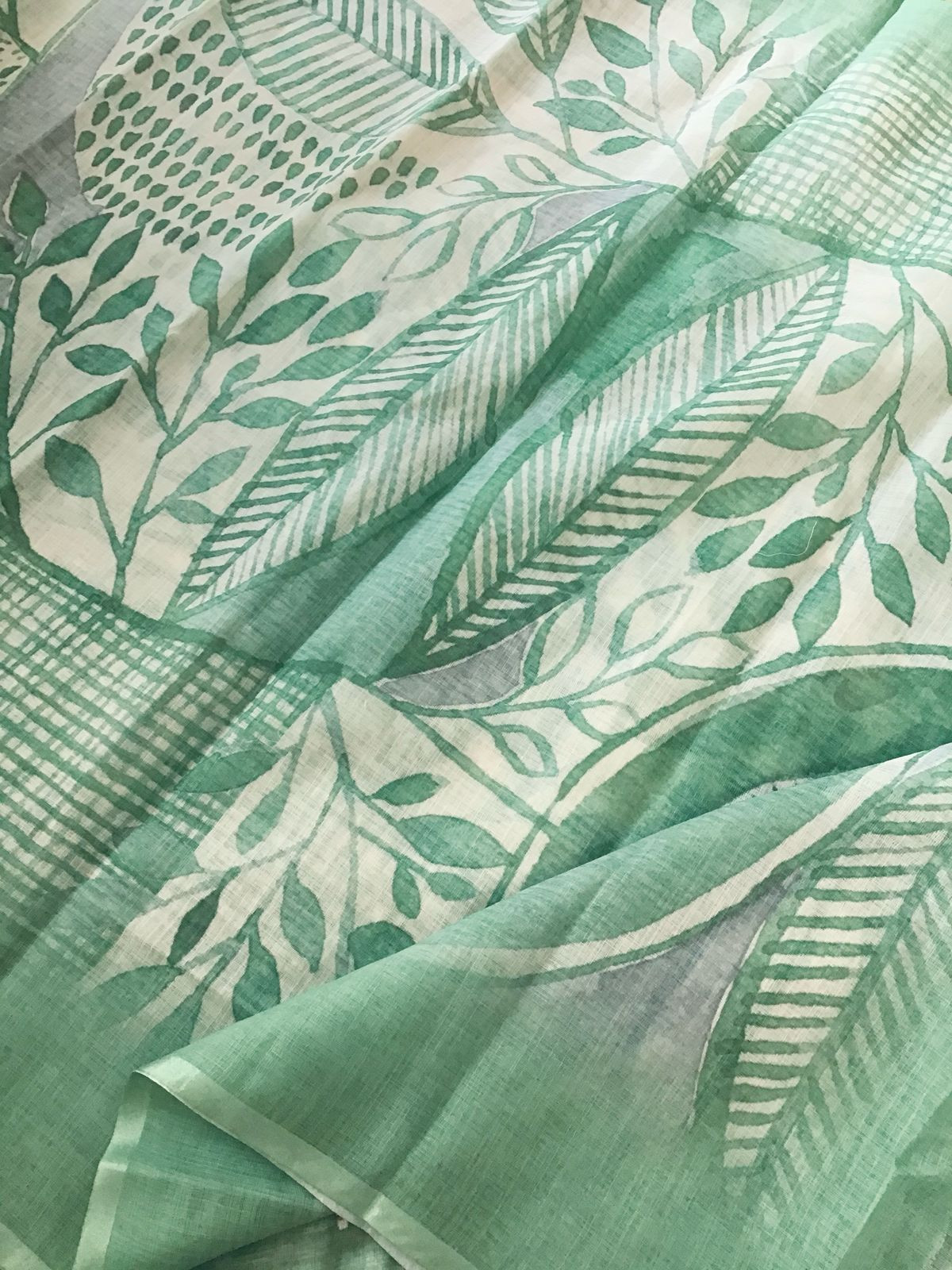 Soft Linen Jute Cotton Printed Embroidered Suit - Green