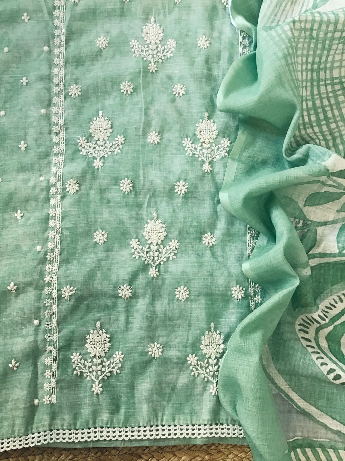 Soft Linen Jute Cotton Printed Embroidered Suit - Green