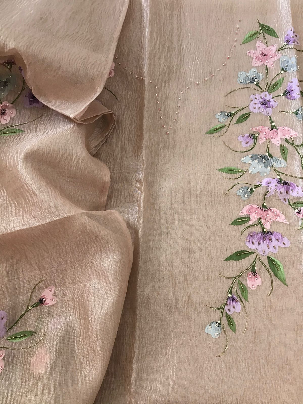 Soft Crushed Tissue Organza Brush Painted Embroidered Suit - Pinkish Beige