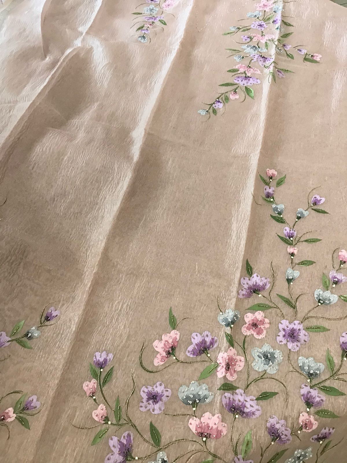 Soft Crushed Tissue Organza Brush Painted Embroidered Suit - Pinkish Beige