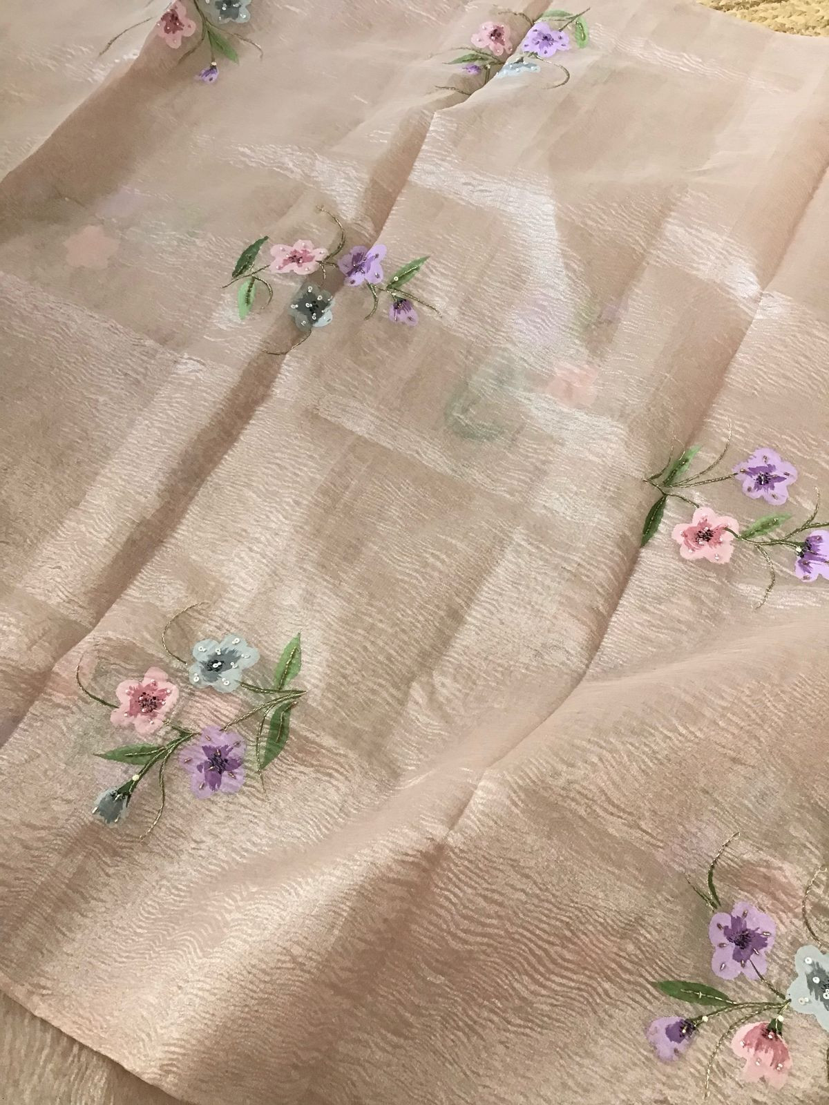 Soft Crushed Tissue Organza Brush Painted Embroidered Suit - Pinkish Beige