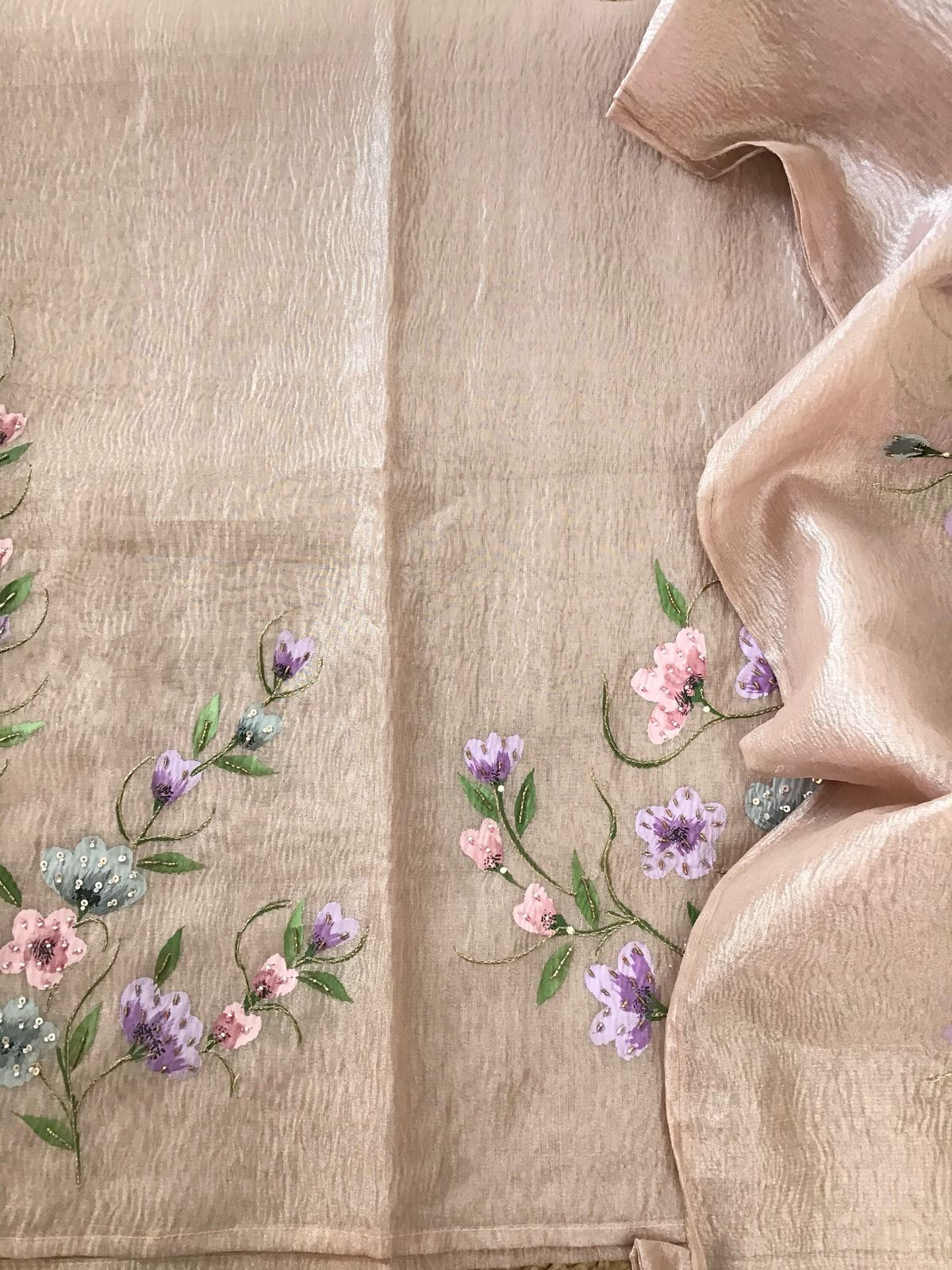 Soft Crushed Tissue Organza Brush Painted Embroidered Suit - Pinkish Beige