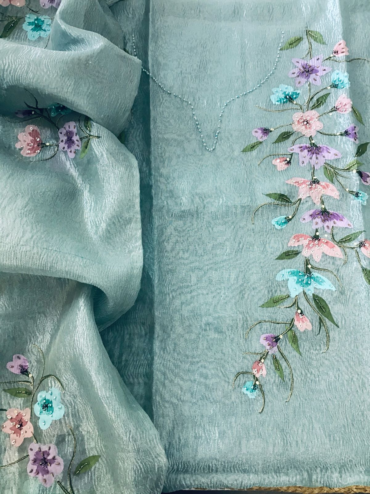 Soft Crushed Tissue Organza Brush Painted Embroidered Suit - Blue