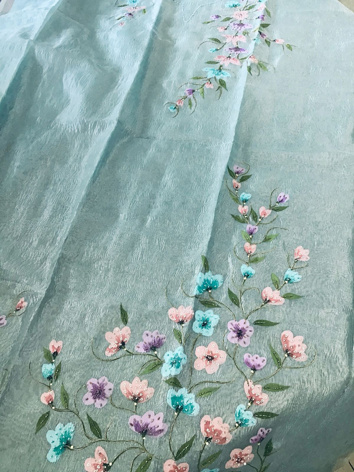 Soft Crushed Tissue Organza Brush Painted Embroidered Suit - Blue