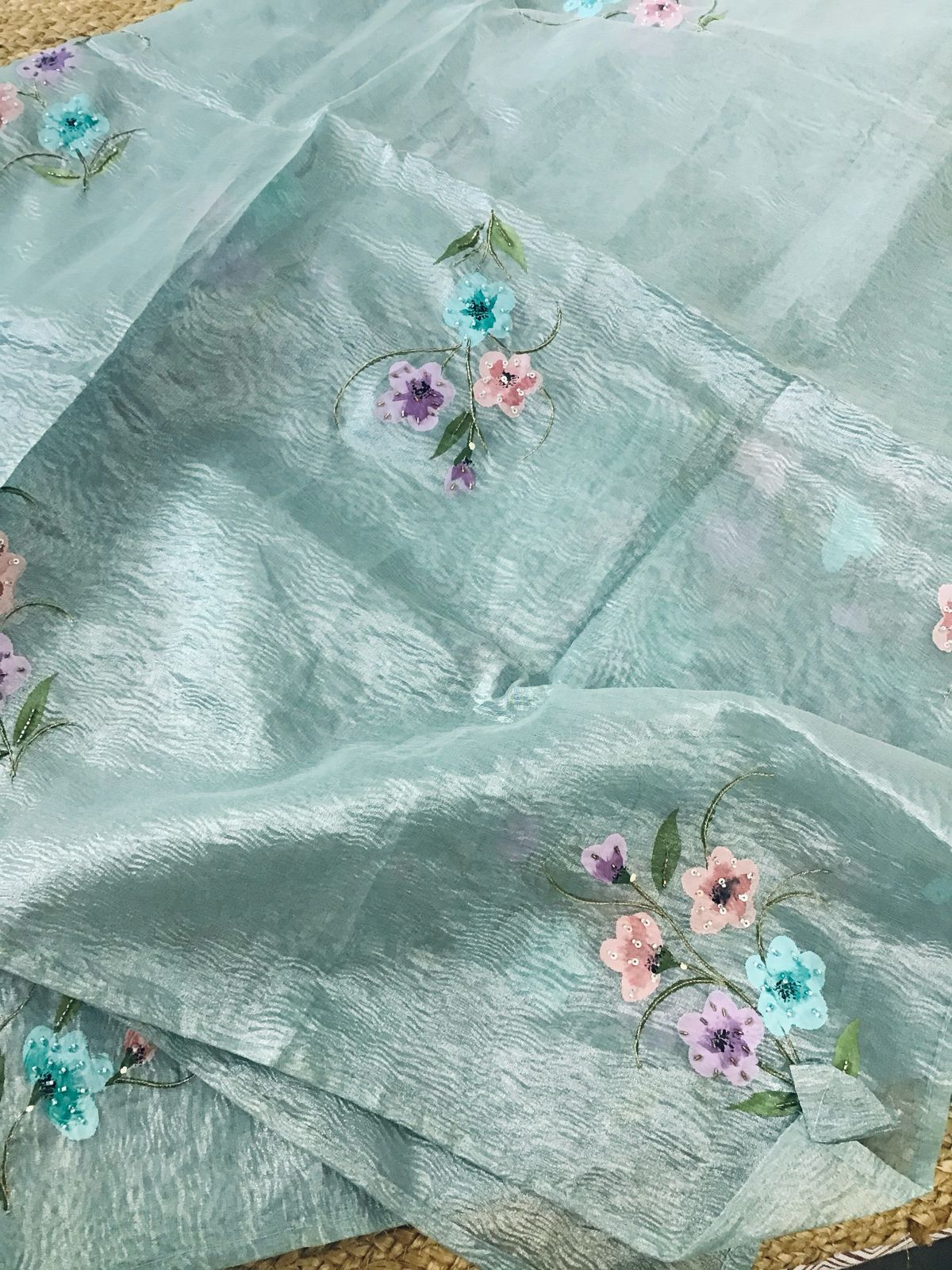 Soft Crushed Tissue Organza Brush Painted Embroidered Suit - Blue