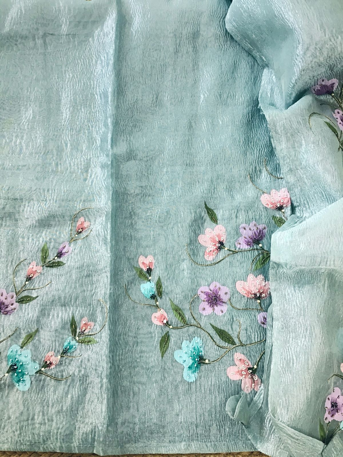 Soft Crushed Tissue Organza Brush Painted Embroidered Suit - Blue