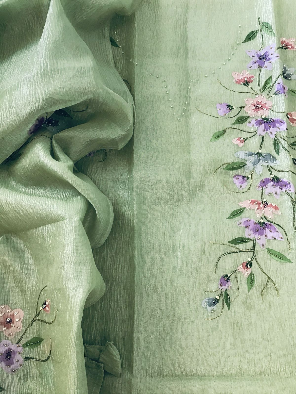 Soft Crushed Tissue Organza Brush Painted Embroidered Suit - Green